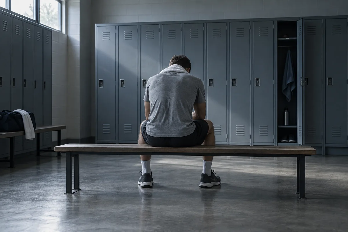 Sportif vu de dos assis sur un banc de vestiaire, serviette sur la nuque, en fin de séance