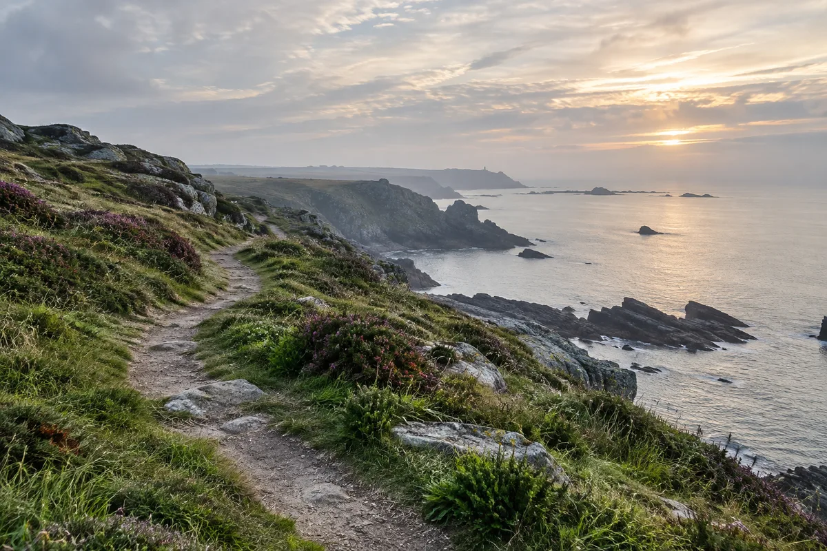 Chemin côtier breton au petit matin, mer calme en contrebas et ciel voilé