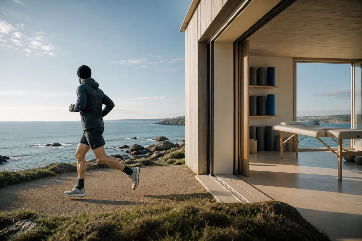 Coureur de profil sur un chemin littoral, appui au sol saisi en pleine phase de contact