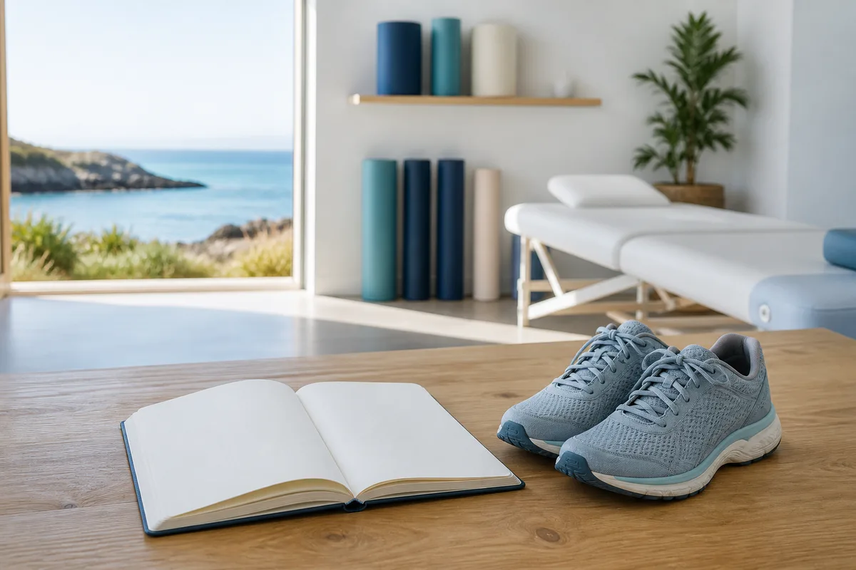 Carnet d’entraînement ouvert à côté d’une paire de chaussures de course sur une table en bois