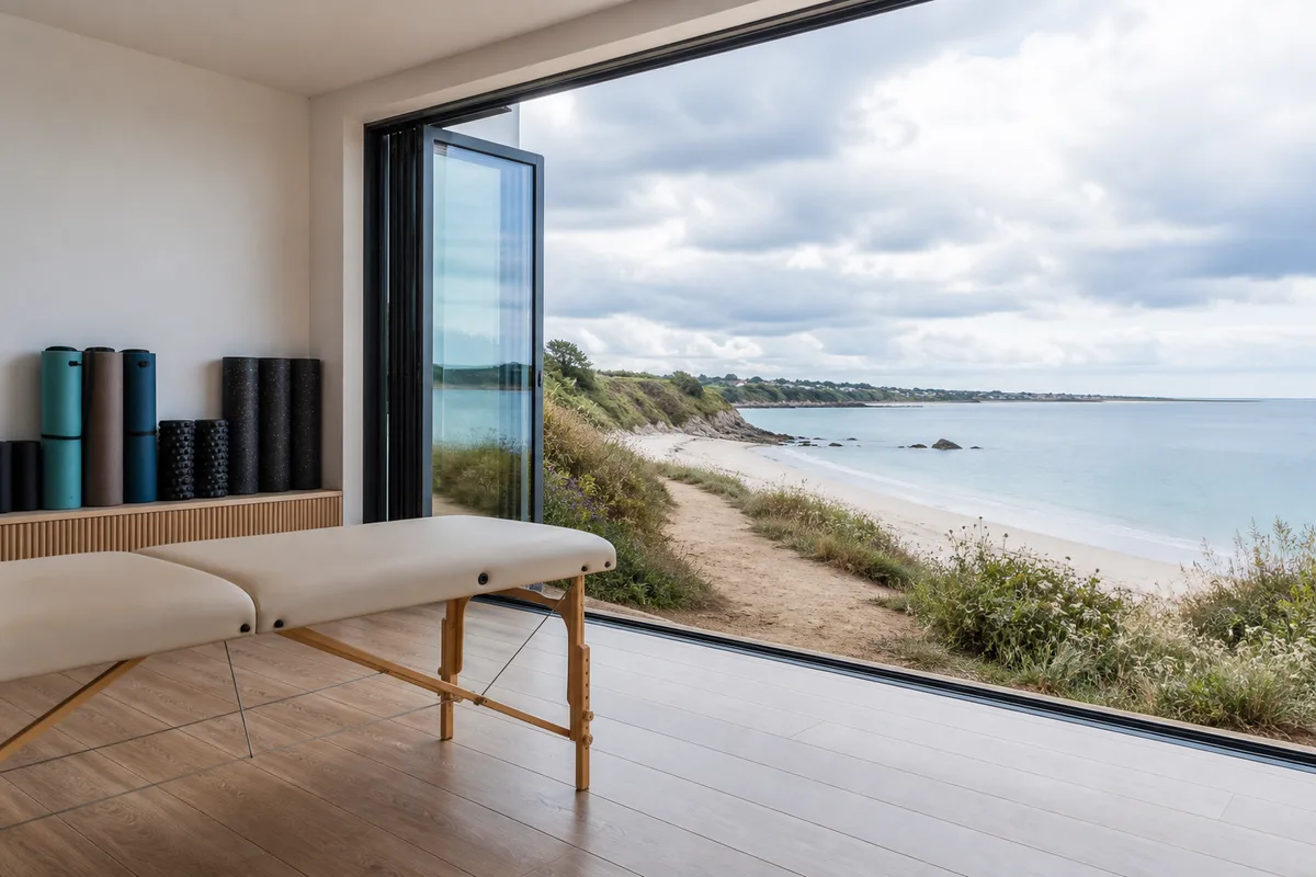 Sentier côtier étroit longeant une plage bretonne sous un ciel changeant