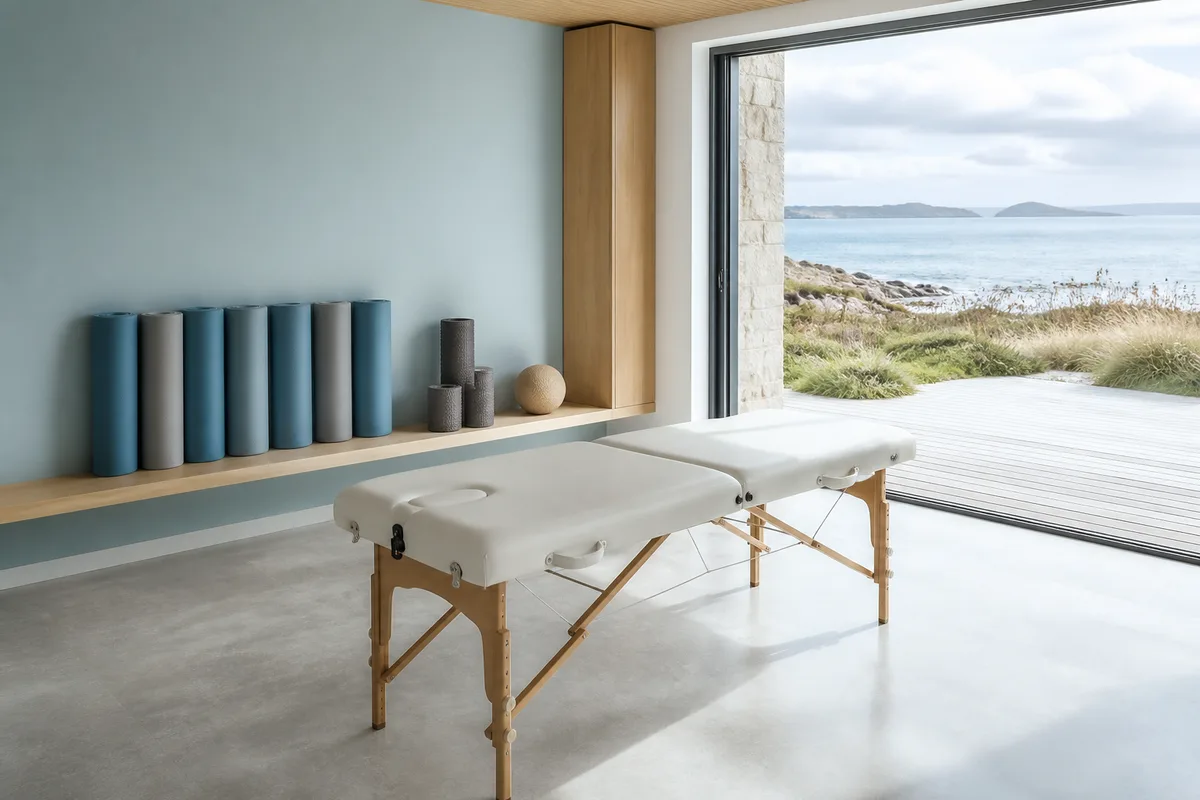 Espace de récupération avec tapis, rouleau de massage et chaussures de course posés au sol