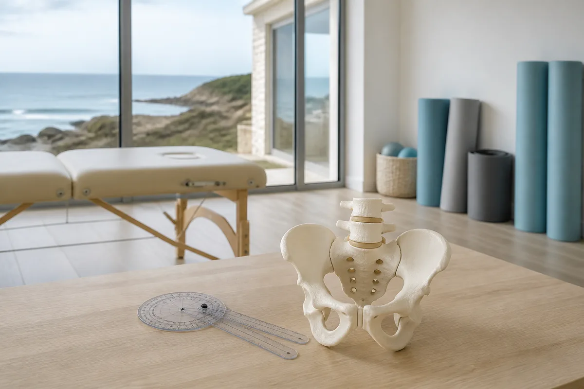 Modèle anatomique du bassin et goniomètre posés sur une table de travail