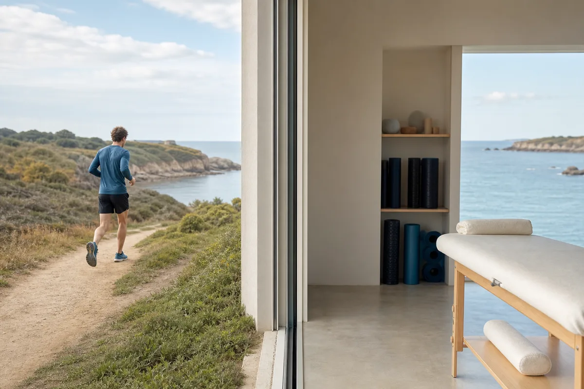 Sportif amateur en tenue de course observant son appui sur un sentier côtier breton