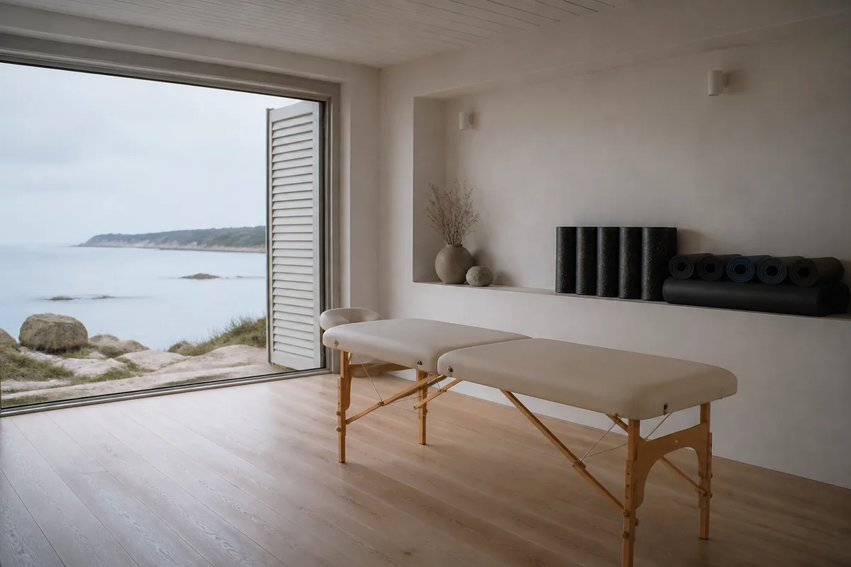 Chambre sobre au petit matin, volets entrouverts sur une lumière grise de bord de mer