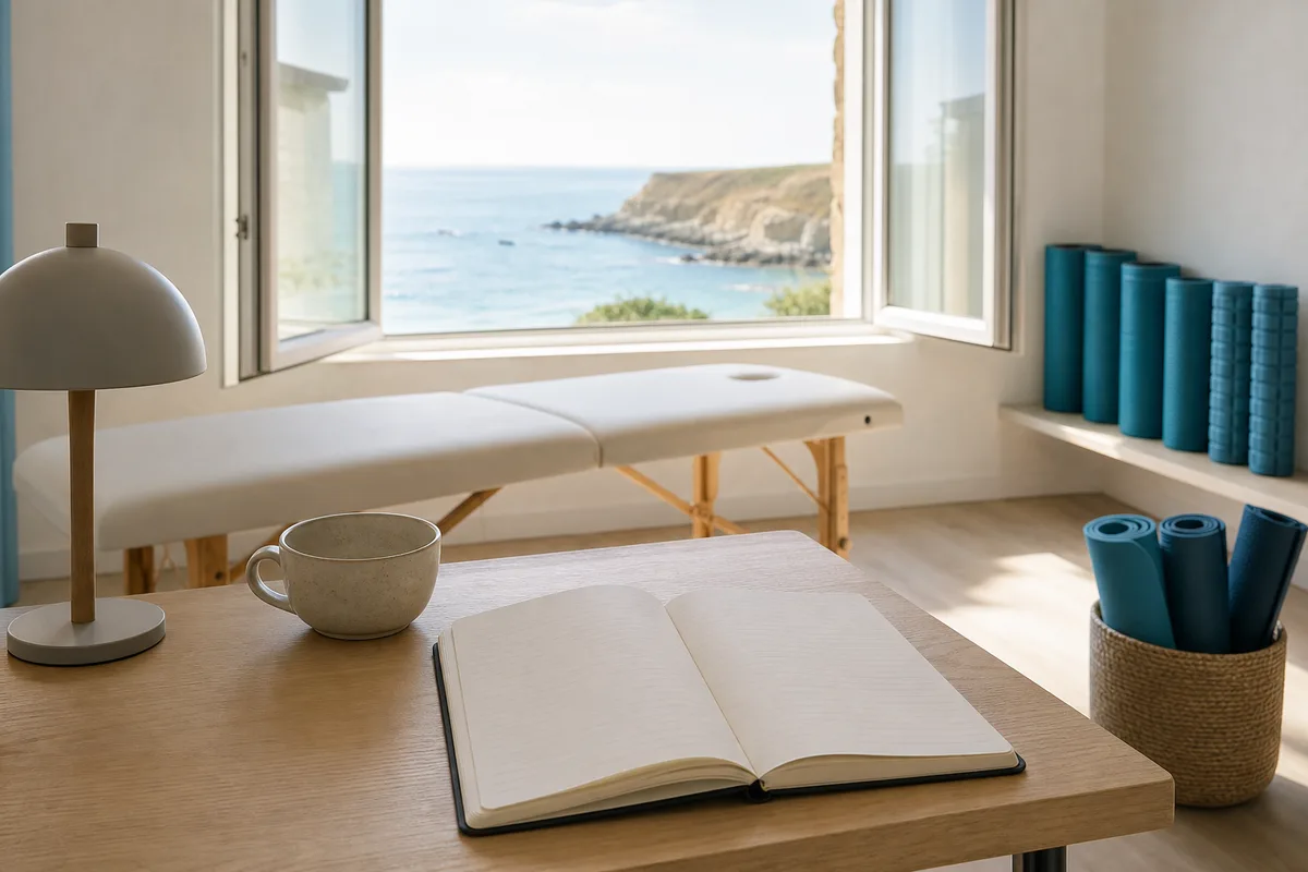 Carnet de suivi de nuits posé sur une table avec une tasse et une lampe éteinte